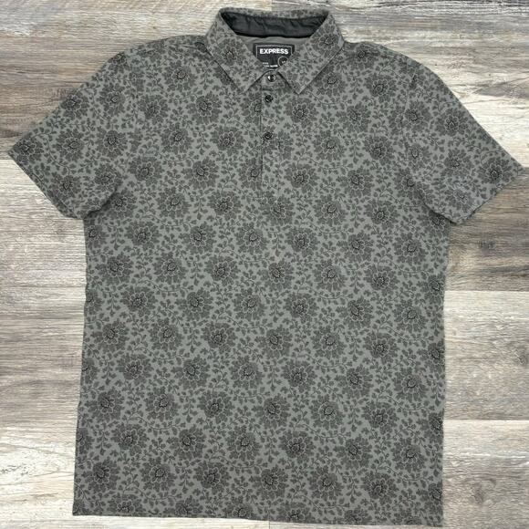 Express Floral AOP Gray Mens L Stretch Moisture Wicking Short Sleeve Polo Shirt - Picture 2 of 11